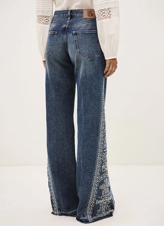 Ba&Sh Mavi Kadın Nakışlı Denim Pantolon