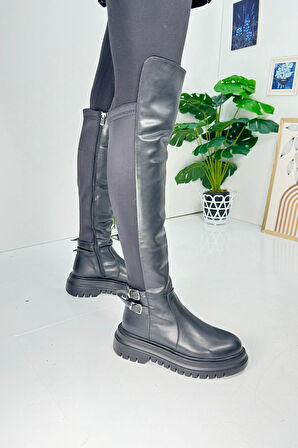 Günlük Kadın Çizme Kalın Tırtıklı Taban Dalgıç Kumaş Tokalı Dizüstü Fermuarlı Oval Burunlu 367