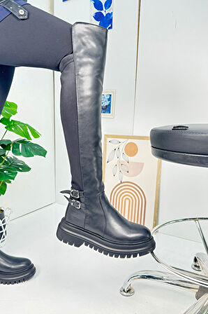 Günlük Kadın Çizme Kalın Tırtıklı Taban Dalgıç Kumaş Tokalı Dizüstü Fermuarlı Oval Burunlu 367