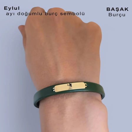 14 Ayar Altın Plakalı Başak Burçları İçin Yeşil Derili Dikdörtgen Motifli Hediye Bileklik-367