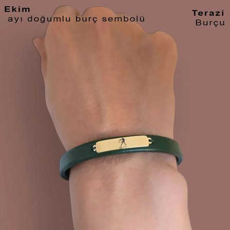 14 Ayar Altın Plakalı Terazi Burçları İçin Dikdörtgen Motifli Yeşil Derili Hediye Bileklik-367