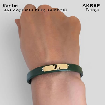 14 Ayar Altın Plakalı Kasım Ayı Doğumları İçin Yeşil Derili Dikdörtgen Motifli Hediye Bileklik-367