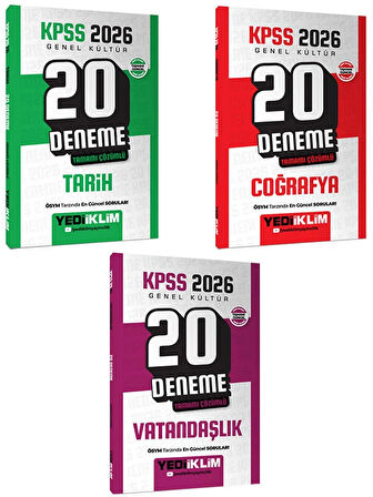 Yediiklim 2026 KPSS Genel Kültür Tamamı Çözümlü 20 Deneme Seti 3 Kitap