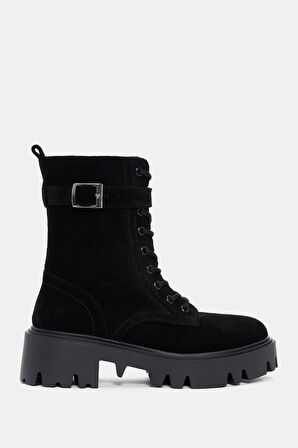 Bronk Kadın Siyah Gerçek Süet Deri Postal Kalın Tabanlı Bot