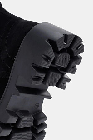 Bronk Kadın Siyah Gerçek Süet Deri Postal Kalın Tabanlı Bot