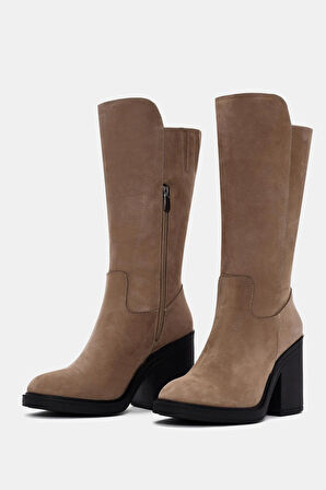 Lana Kadın Bej Gerçek Deri Topuklu Çizme