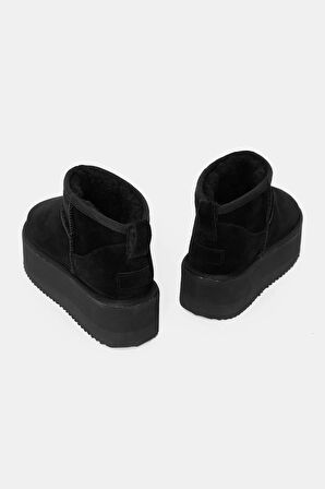 Brand Kadın Siyah Kalın Tabanlı İçi Kürklü Gerçek Süet Deri Bot