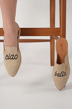 Ciao Kadın Bej Gerçek Süet Deri Espadril Terlik