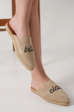 Ciao Kadın Bej Gerçek Süet Deri Espadril Terlik