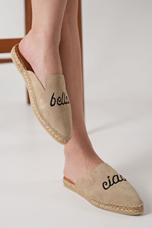Ciao Kadın Bej Gerçek Süet Deri Espadril Terlik