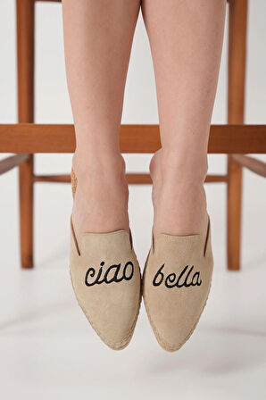 Ciao Kadın Bej Gerçek Süet Deri Espadril Terlik