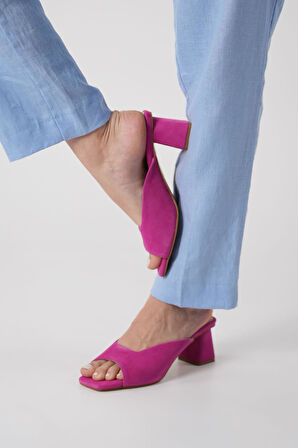 Anna Kadın Fuşya Gerçek Deri Topuklu Terlik