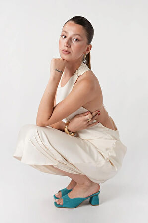 Anna Kadın Turkuaz Gerçek Deri Topuklu Terlik