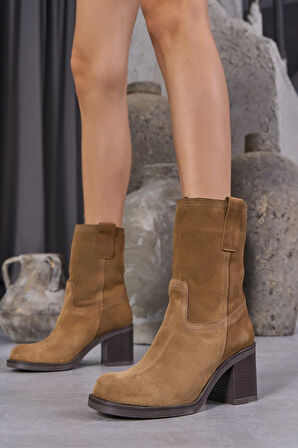 Zenda Kadın Camel Gerçek Süet Deri Kalın Topuklu Bot