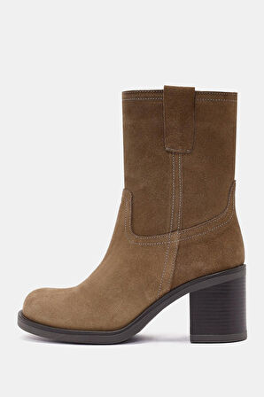 Zenda Kadın Camel Gerçek Süet Deri Kalın Topuklu Bot