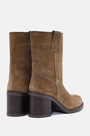 Zenda Kadın Camel Gerçek Süet Deri Kalın Topuklu Bot