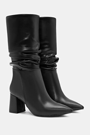 Luna Kadın Siyah Cilt Sivri Burun Kalın Topuklu Çizme