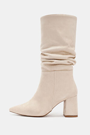 Luna Kadın Bej Sivri Burun Kalın Topuklu Çizme