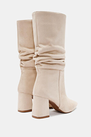 Luna Kadın Bej Sivri Burun Kalın Topuklu Çizme