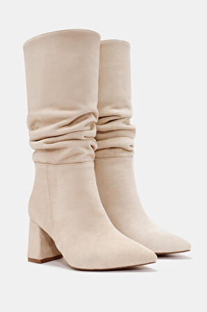 Luna Kadın Bej Sivri Burun Kalın Topuklu Çizme