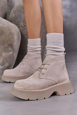 Aniva Kadın Bej İçi Kürklü Gerçek Süet Deri Kalın Tabanlı Bot