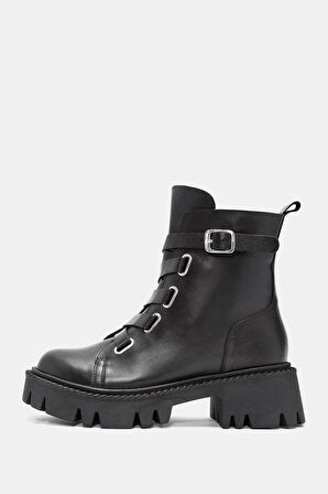 Elista Kadın Siyah Bantlı Gerçek Deri Kalın Tabanlı Bot