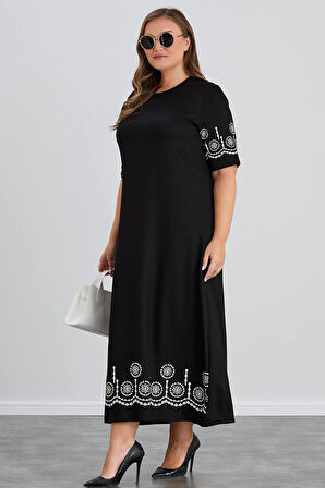 Wearon Kadın Aysar Kısa Kol Baskılı iki ip Boydan Siyah Elbise