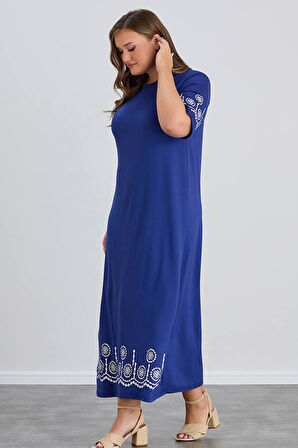 Wearon Kadın Aysar Kısa Kol Baskılı iki ip Boydan Mavi Elbise