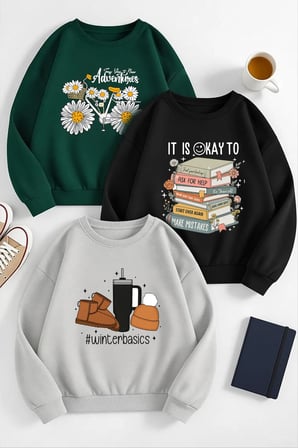 Çok Renkli Karışık Seri Baskılı Sweatshirt 3'lü Fırsat Paketi