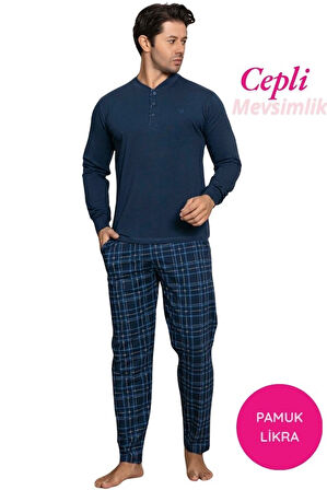 Erkek 3 Düğmeli Ekose Desenli Pamuk Likra Mevsimlik Uzun Kol Manşetli Cepli Pijama Takımı