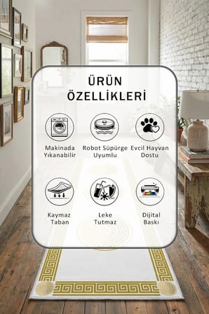Golday Dijital Baskılı Kaymaz Yıkanabilir Yolluk - Leke Tutmaz Gold