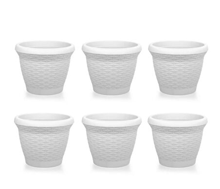 Omnipazar SO-HS06 Plastik Hasır Desenli Saksı 42 lt Kirli Beyaz 6 Adet