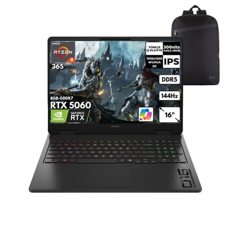 HP Omen Ryzen AI 9-365 64-GBDDR5 1 TBSSD RTX5060 (8GB-GDDR7) 16" WUXGA 2K Windows 11 Pro + QB Sırt Çantası C12CPEAQB14
