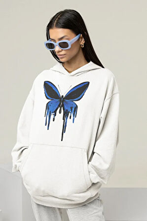 Kelebek Baskılı Unisex Oversize Tasarım Hoodie
