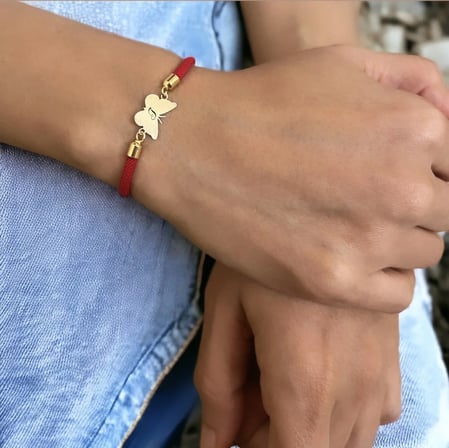 14 Ayar Altın Plakalı I Harfine Özel Kırmızı İpek Örgülü Kelebek Figürlü Hediye Bileklik-368