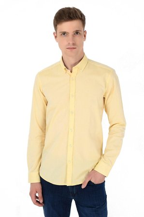  Sarı %100 Pamuk Lassana Slim Fit Dar Kesim Düz Düğmeli Yaka Uzun Kollıu Gömlek