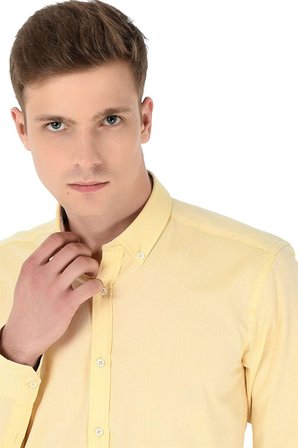  Sarı %100 Pamuk Lassana Slim Fit Dar Kesim Düz Düğmeli Yaka Uzun Kollıu Gömlek