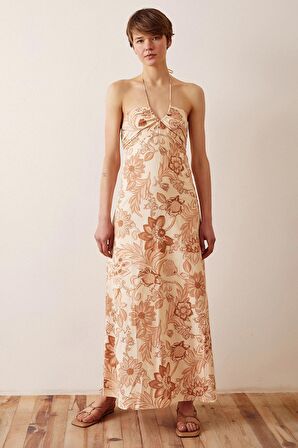 Çiçek Desenli Askılı Elbise Sarı