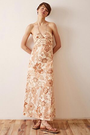 Çiçek Desenli Askılı Elbise Sarı