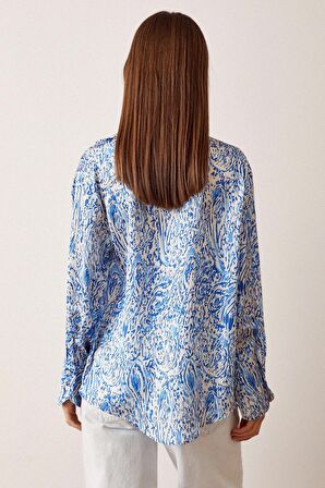 V Yaka Desenli Saten Gömlek Saks