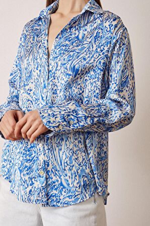 V Yaka Desenli Saten Gömlek Saks