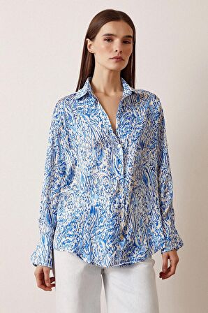 V Yaka Desenli Saten Gömlek Saks