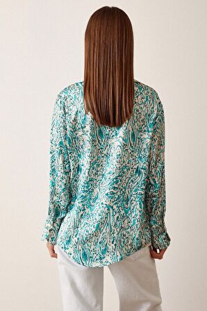 V Yaka Desenli Saten Gömlek Yeşil