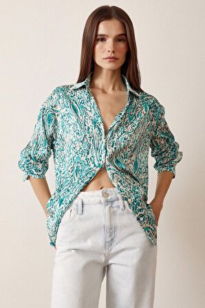 V Yaka Desenli Saten Gömlek Yeşil