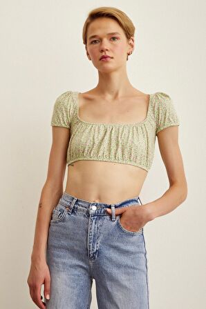 Arkası Bağlamalı Çiçekli Crop Top Yeşil