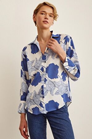 V Yaka Saten Gömlek Mavi