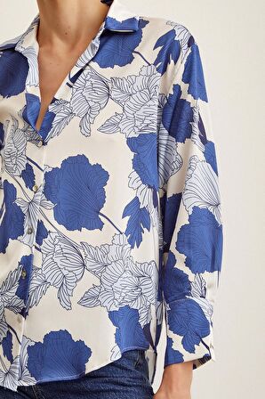 V Yaka Saten Gömlek Mavi