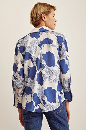 V Yaka Saten Gömlek Mavi