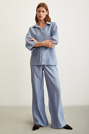 Yarasa Kol Keten Gömlek Mavi