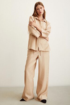 Yarasa Kol Keten Gömlek Bej